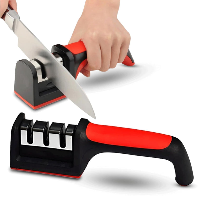 Over The Door Professional 3-Stage Knife Sharpener | 3-in-1 Manual Kitchen Knife Sharpener for Steel & Ceramic Knives | Easy Grip Handle with Non-Slip Rubber Base | Fast Sharpening Tool (Pack of 1)