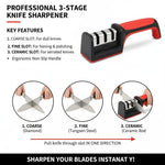 Over The Door Professional 3-Stage Knife Sharpener | 3-in-1 Manual Kitchen Knife Sharpener for Steel & Ceramic Knives | Easy Grip Handle with Non-Slip Rubber Base | Fast Sharpening Tool (Pack of 1)