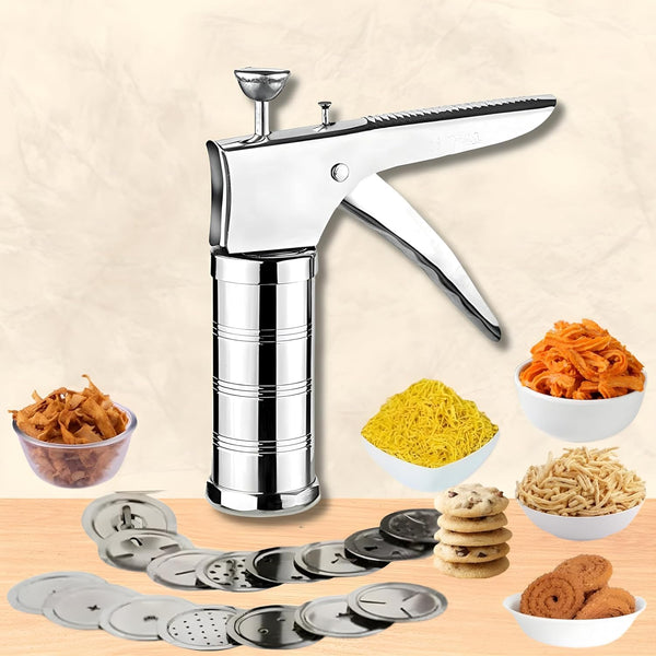 Stainless Steel Kitchen Press Sev Sancha Machine with 15 Jalis | Murukku, Chakli & Idiyappam Maker | Sev, Bhujia, Gathiya & Cookie Press | Snacks Maker